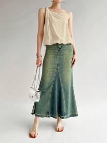 SHEIN Privé Damen modischer asymmetrischer Schulter Top mit Twist Knoten Design in Unifarbe - Aprikosenfarben - Übersicht 5