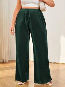 SHEIN Essnce 女性加大尺碼褶皺波浪邊休閒約會橄欖綠色長褲