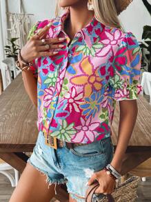 Breezaya Chemise décontractée pour femmes à manches bouffantes et imprimé fleuri coloré pour les vacances de printemps/été