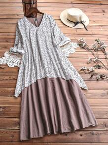 Linhara 大尺碼夏季拼接V領假日休閒春夏裙 - 彩色 - 查看 1