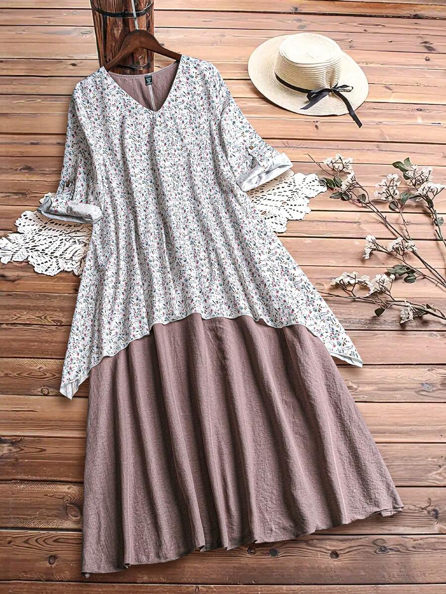 Linhara 大尺碼夏季拼接V領假日休閒春夏裙 - 彩色 - 查看 1