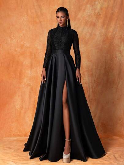 Smilprince Women's Waisted Slimming High-End Formal Dress For Gala/Banquet, Black Elegant Long Sleeve Prom Evening Wedding Guest Gown, For Graduation, Dinner Party Dress