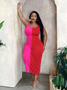 Slaydiva Kỳ nghỉ & Giải trí - Váy mùa hè co giãn ôm vừa vặn Colorblock cỡ lớn - Đỏ - Xem 4