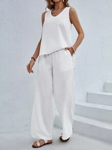SHEIN Essnce White Asymmetrical Hem A-Line Tunic Loose Wide Leg Pants Casual Holiday Set