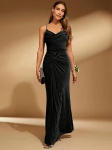 SHEIN Belle 女士夏季亮片褶饰长款美人鱼细肩带晚会礼服正式舞会礼服女士黑色优雅舞会婚礼宾客礼服，适合毕业典礼、晚宴 - 黑色 - 查看 1