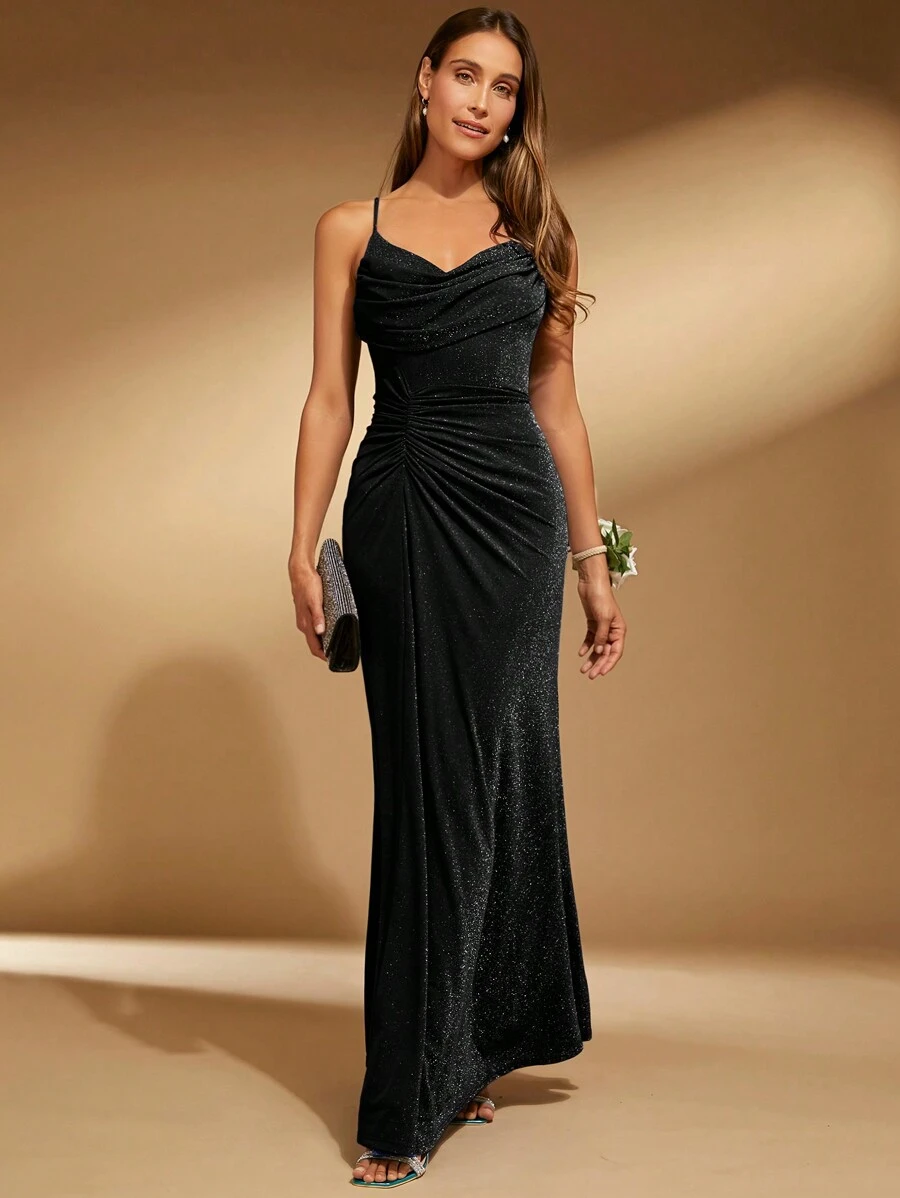 SHEIN Belle 女士夏季亮片褶饰长款美人鱼细肩带晚会礼服正式舞会礼服女士黑色优雅舞会婚礼宾客礼服，适合毕业典礼、晚宴 - 黑色 - 查看 1