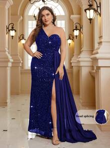SHEIN Belle Váy xếp nếp bên hông, đuôi váy lớn, chắp vá sequin, váy dạ hội cỡ lớn (phiên bản dày) váy dự tiệc cưới trang trọng thanh lịch, dự tiệc tốt nghiệp, tiệc tối - Xanh đậm - Xem 1