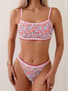 SHEIN Swim Bộ bikini đơn giản và thời trang dành cho nữ ngày lễ với họa tiết hoa rực rỡ - Màu Đỏ Sâu - Xem 3