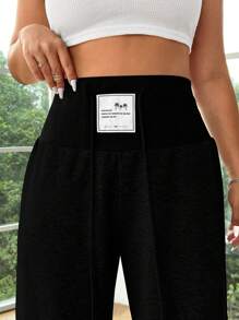 SHEIN EZwear Black Knitted Ladies Plus Size Loose Wide Leg Letter Patterned Casual Pants
