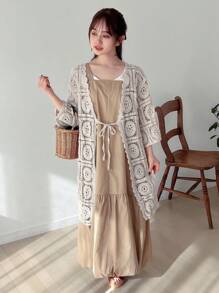 FRIFUL Damen Strand lässig Jakobsmuschelbesatz Pointelle Strickjacke