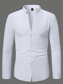Manfinity Homme 男士纯色简约百搭日常长袖衬衫，适合秋季 - 白色 - 查看 7