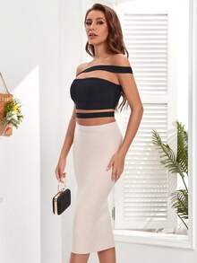 Sexig långkjol med hög slits för kvinnor med slim fit och Bodycon-foder - Aprikos - Visa 4