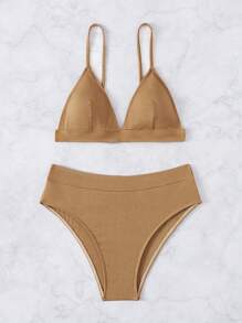 SHEIN Swim 女性夏季海灘實色簡約時尚無鋼圈比基尼套裝，適合度假 - 卡其色 - 查看 5