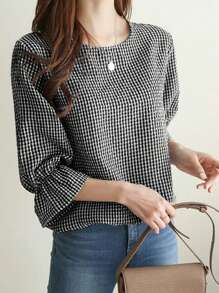 INAWLY Women Casual Plaid Print Round Neck 3/4 Sleeve Shirt For Spring And Summer,Three Quarter Sleeve Tops