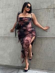 Flirla Plus Size Nữ Thời trang Chất liệu Đau khổ Đầm Cổ Cami - Nhiều màu - Xem 4