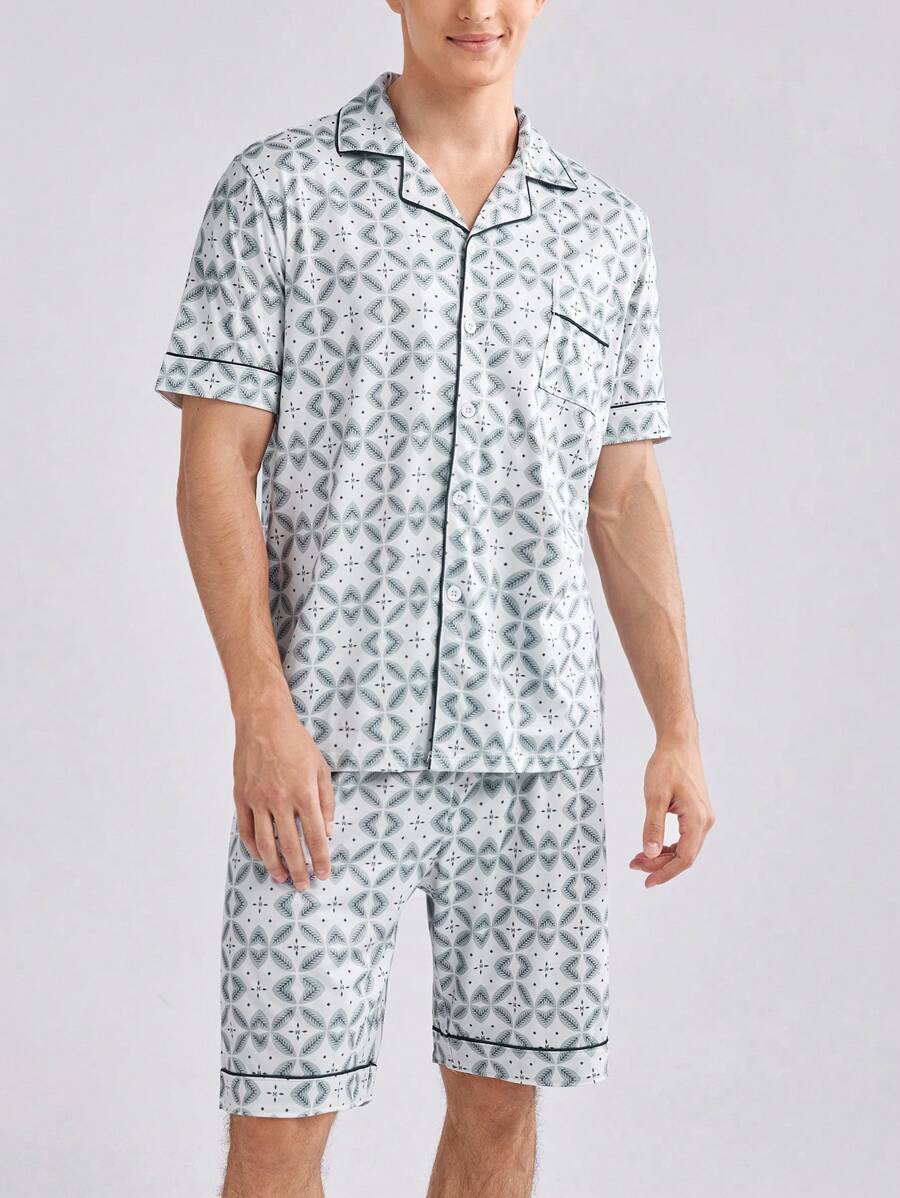Men Fashion Print Short Sleeve Shirt And Shorts Homewear Set