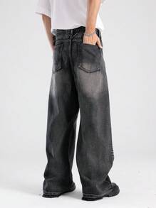 ROMWE MEN Street Life Men Simple Daily Fashion Washed Slant Pocket Baggy Jeans, School - Black - View 2