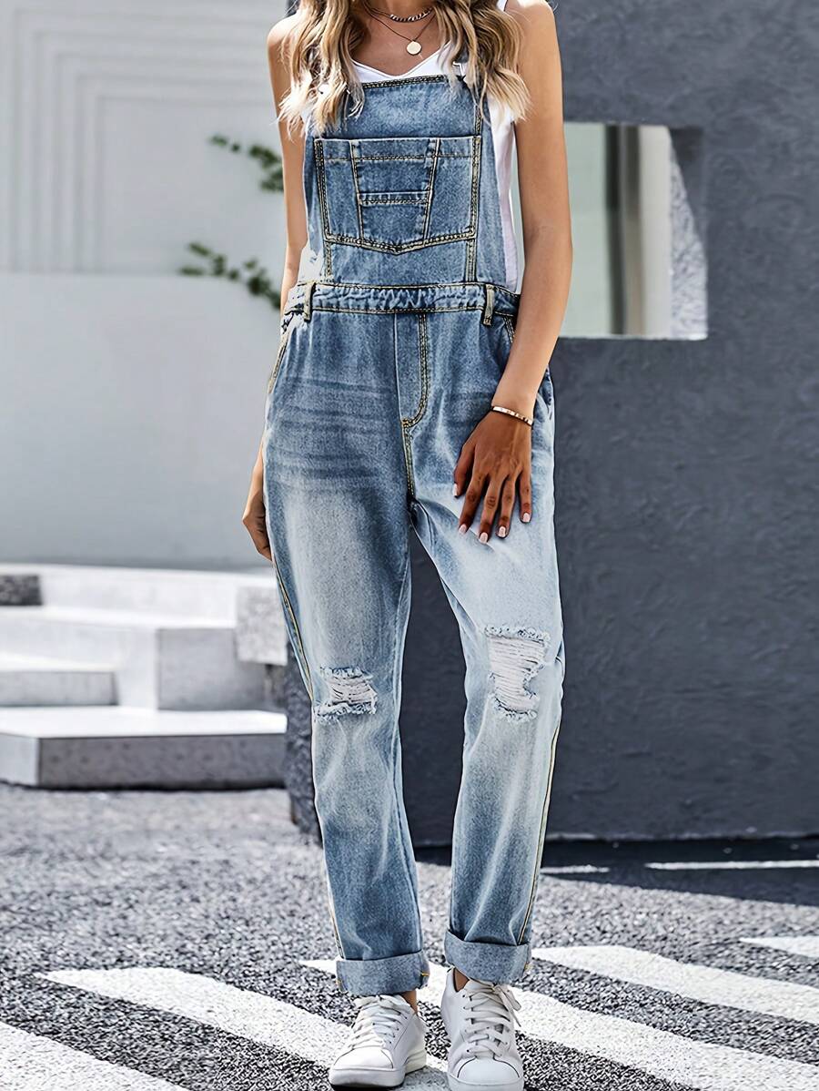 Women Spring/Summer Casual Straight-Legged Ripped Denim Jumpsuit - Medium Wash - View 1