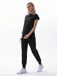 TaskEZ Women's Black Nurse Uniform Jogging Suit, Elastic Top And Pants With Multiple Pockets, Nurse & Beautician Work Outfit, Summer - Black - View 9