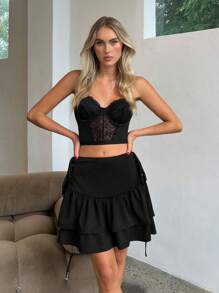 SHEIN Privé Falda de verano de moda para mujeres con cinturón de lazo cruzado lateral y dobladillo con volantes