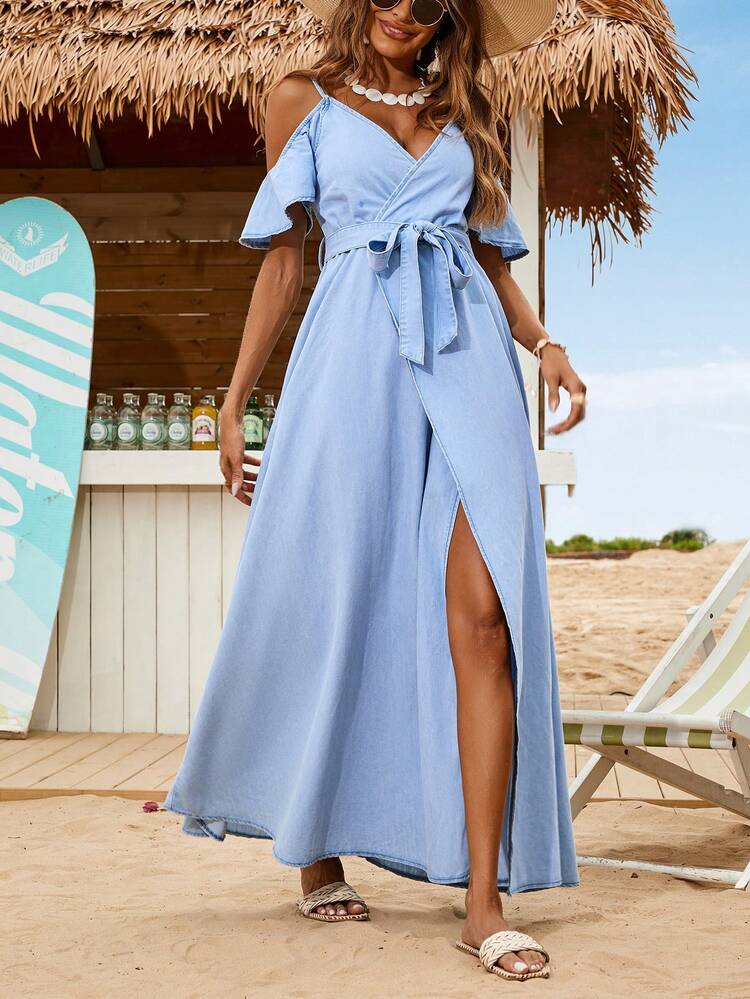 Women Denim Dress For Beach Vacation Casual And Sexy Suspender Blue With A Waist Belt