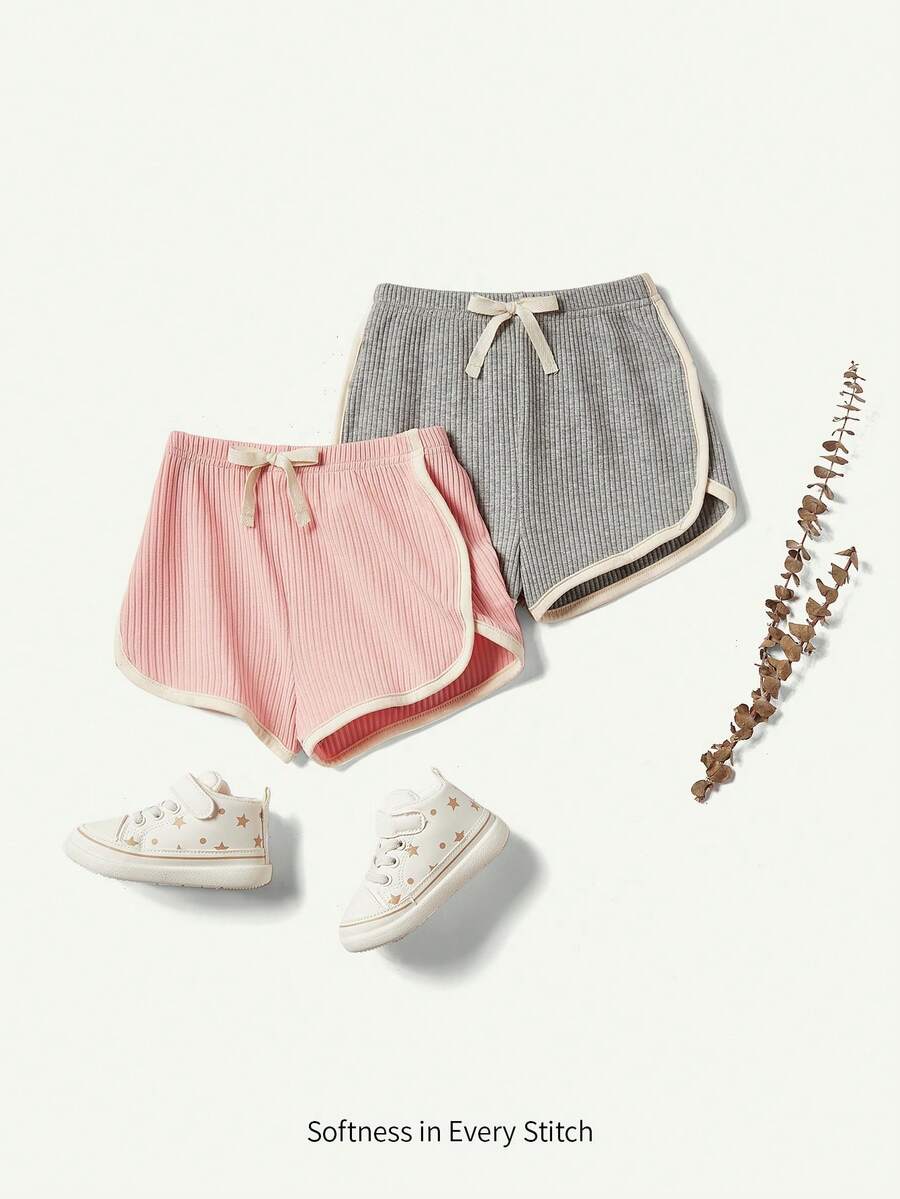 Cozy Pixies Baby Girl Color Block Knitted Soft Decorative Braided Elastic Waist Casual Shorts Set