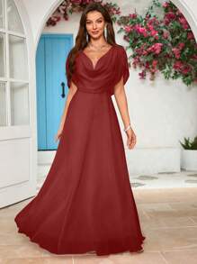Solid Color Draped Neck Chiffon Bridesmaid Dress - Redwood - View 1