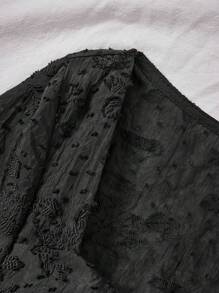 Soleia Women Solid Color Jacquard Peter Pan Collar Buttoned Knot Peplum Shirt - Black - View 5