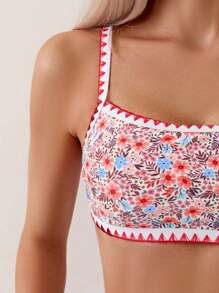 SHEIN Swim Bộ bikini đơn giản và thời trang dành cho nữ ngày lễ với họa tiết hoa rực rỡ - Màu Đỏ Sâu - Xem 5