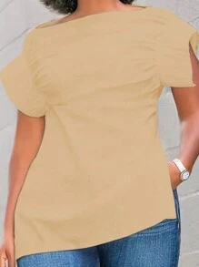 SHEIN LUNE Women Summer Casual Solid Color Pleated Side Slit Shirt - Khaki - View 2