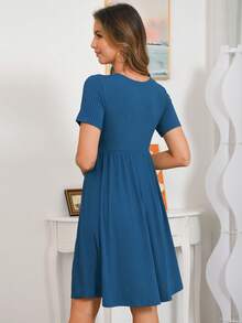 Nuevo vestido de lactancia para verano con cuello en V y parches - Agua verde azul - Ver 2