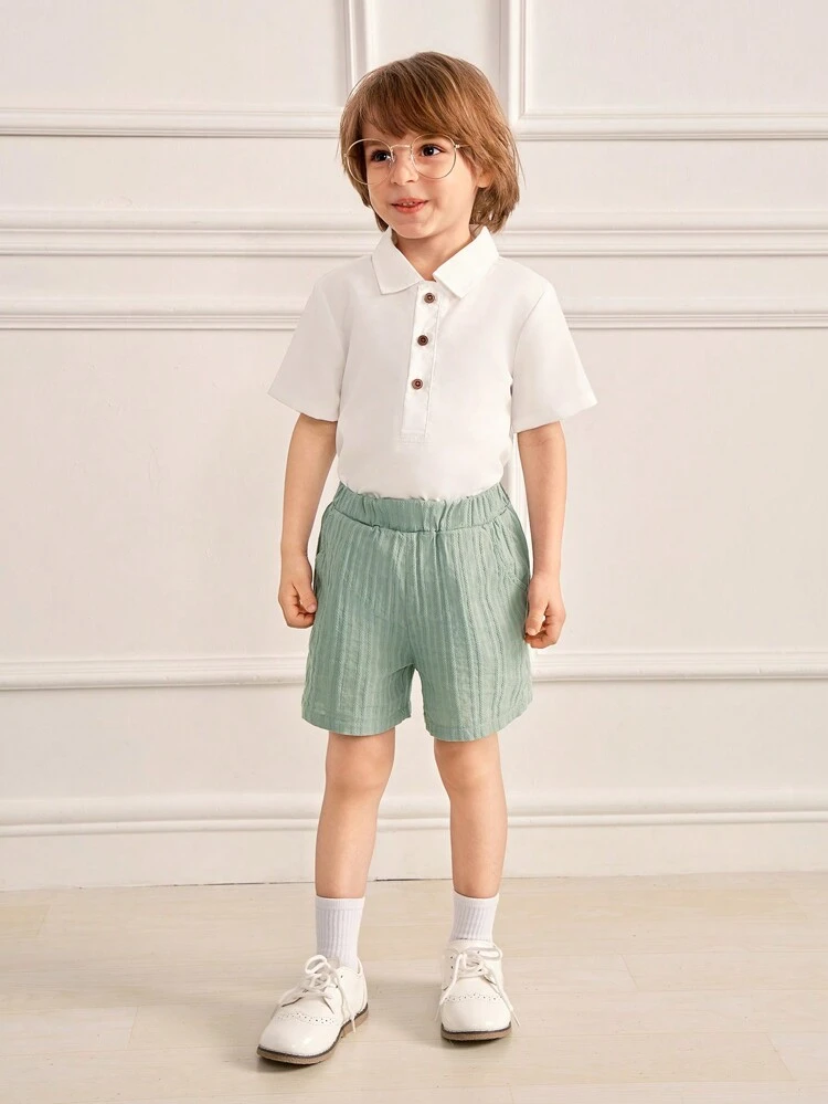 2pcs/Set Young Boy Casual Stand Collar Short Sleeve Shirt And Striped Shorts Set, Suitable For School, And Outdoor Play
