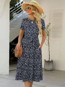 Women Round Neck Short Sleeves Printed Layered Mid-Length Dress With Pockets For Summer - Black - View 3