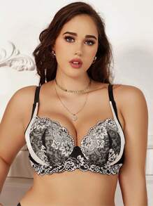 Elegant Plus Size Contrast Lace Push Up Bra Black And White With Floral Print Detail - Black and White - View 3