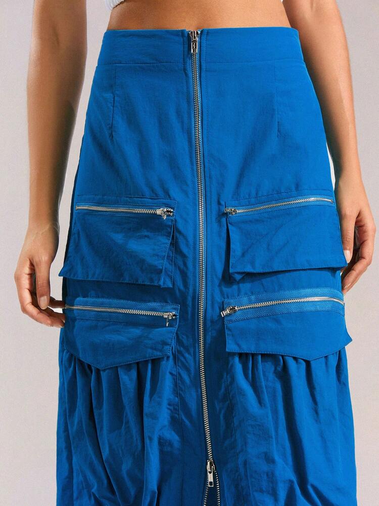 Women Zipper & Pocket Design Slit Casual Spring & Summer Skirt