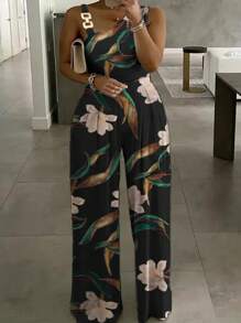 Maweii Plus Size Full-Print Asymmetrisk Krage Jumpsuit med metallring dekoration för sommaren - Svart - Visa 1