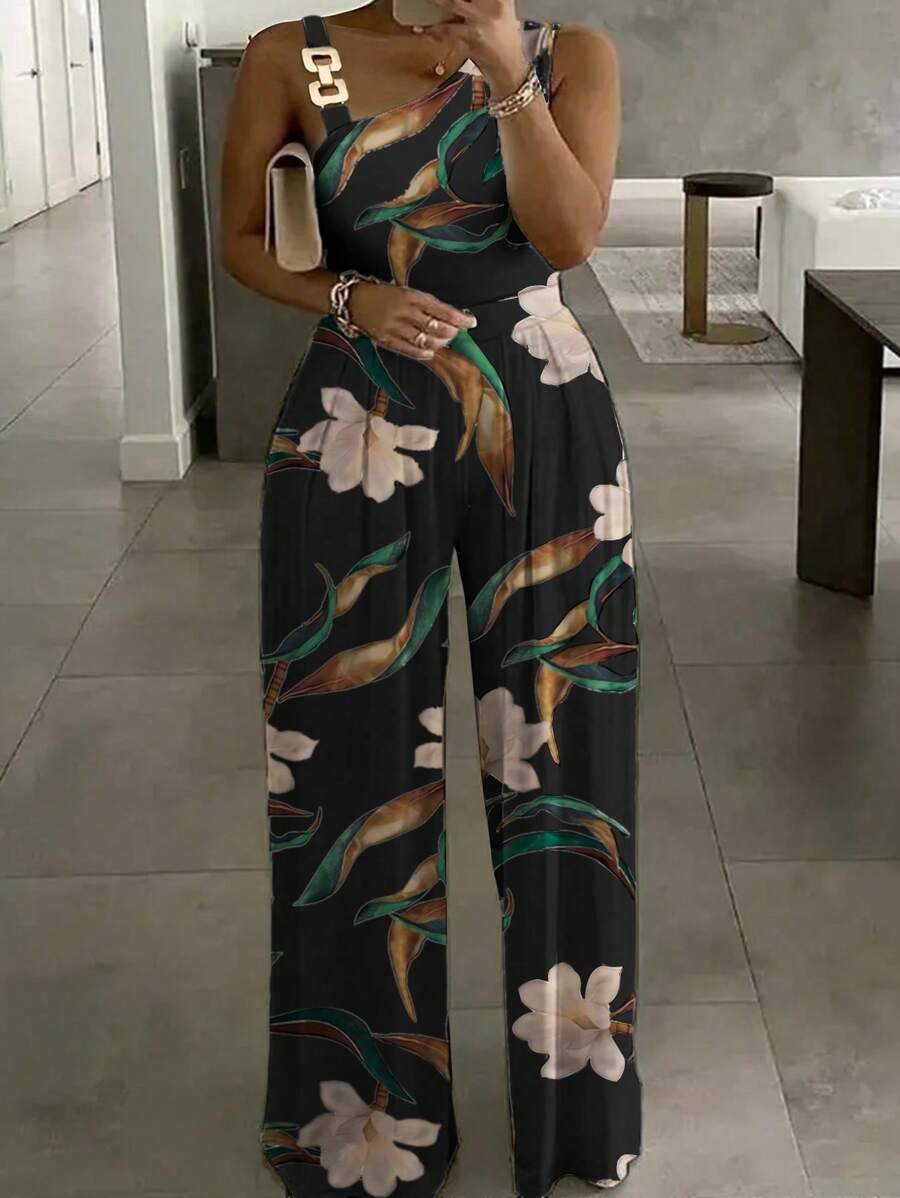Maweii Plus Size Full-Print Asymmetrisk Krage Jumpsuit med metallring dekoration för sommaren - Svart - Visa 1