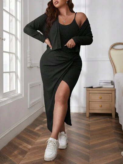 SHEIN Essnce 大碼女性純色簡約肩帶連衣裙和披肩兩件套裝