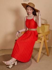 Teen Girl Solid Color Summer Simple Fashionable Casual Pleated Belted Strap Dress - Orange - View 5