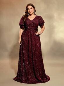 UNITHORSE Plus Size V-Neck Puff Sleeves Formal Dress Party Dress Wedding Guest Dress Evening Dress - Burgundy - View 1