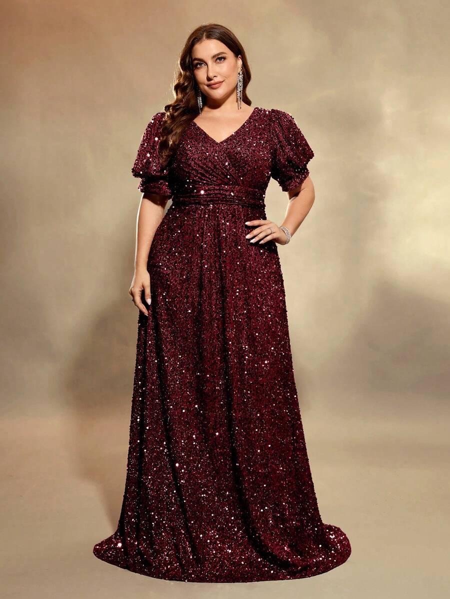 UNITHORSE Plus Size V-Neck Puff Sleeves Formal Dress Party Dress Wedding Guest Dress Evening Dress - Burgundy - View 1