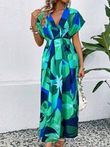 SHEIN LUNE Vestido largo suelto de manga murciélago con cuello en V y estampado de plantas para mujeres en estilo vacacional de verano (estampado aleatorio) - Verde - Ver 5
