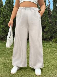 SHEIN EZwear Plus Size Summer Casual Striped Linen Long Pants - Grey - View 1