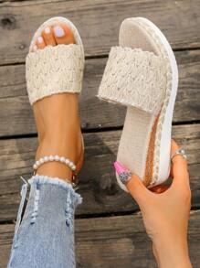 2024 New Style Women Apricot Woven  Rope Wedge Platform Sandals With Ankle Strap - Apricot - View 3
