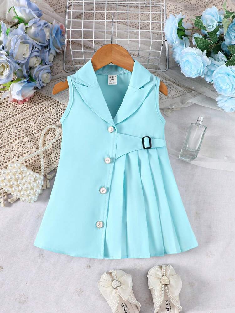 Baby Girl Sleeveless Summer Casual Dress With Gun Flap Collar, Button Decoration, And Pleats