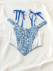 Soleia Plus Size Summer Blue And White Paisley Print Strap Top,Boho Off-Shoulder Design With Crisscross Tie,Holiday Picnic Vacation Spring Top - Blue and White - View 3