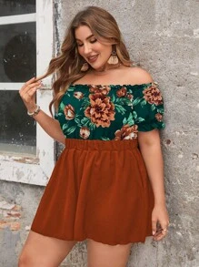 SHEIN LUNE 大尺碼女款花卉印花露肩連身褲 - 橘色 - 查看 6