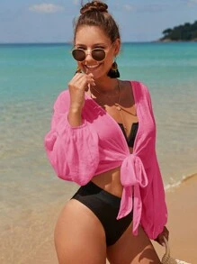 Swim Vcay Phụ nữ mặc kimono ngắn tay cánh dơi đi biển mùa hè cho kỳ nghỉ - Màu Hồng Tươi - Xem 3