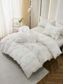 3pcs White Polyester Vertical Striped Ruffle Bedding Set With Four Big Bowknots And Three Layers Of Ruffles - White - View 10
