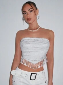 SHEIN ICON 提花流蘇圍巾印花緊身胸衣，不對稱下擺 - 白色 - 查看 2